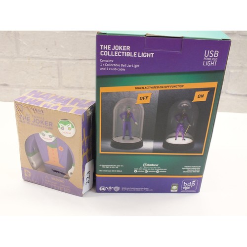 223 - DC- THE JOKER USB POWERED LIGHT BOXED AS NEW AND THE JOKER WOODEN FIGURE- BOXED AS NEW