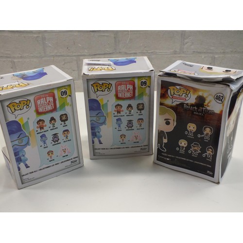 224 - 3 x DISNEY FUNK POP FIGURES- TWO YESSS WRECK IT RALPH AND ATACK ON TITAN ERWIN - BOXED AS NEW