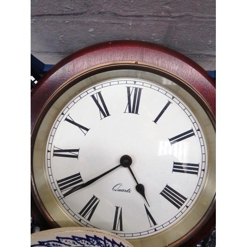 323 - TWO WALL CLOCKS AND A MANTLE CLOCK