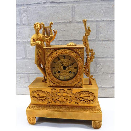 319 - FRENCH EMPIRE NEOCLASSICAL GILT BRONZE PENDULUM MANTLE CLOCK WITH TWO KEYS