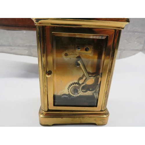 313 - AANTIQUE BRASS CARRIAGE CLOCK WITH KEY IN ORIGINAL LEATHER CASE