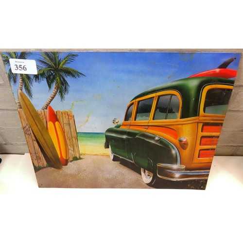 356 - 2x TINPLATE SIGNS TO INCLUDE CHEVROLET AND BEACH SCENE