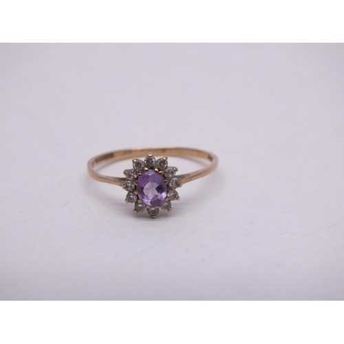 306 - 9ct GOLD AMETHYST & CZ STONE RING SIZE M, 1g