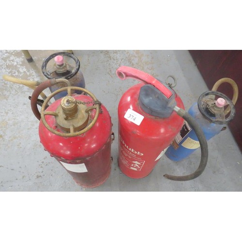 116 - FOUR OLD STYLE FIRE EXTINGUISHERS, TWO WATER, TWO DAY POWDER