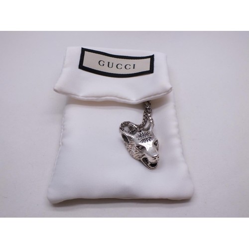 250 - GUCCI 'ANGER FOREST WOLF HEAD' - STERLING SILVER PENDANT NECKLACE COMPLETE WITH BOX AND CERTIFICATE