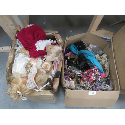 157 - 5 BOXES OF MISCELLANEOUS INCLUDING DOLLS, JEWELLERY, KITCHENALIA, TOYS AND GAMES