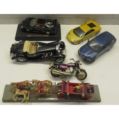 527 - TRAY OF VINTAGE CARS, MOTORBIKE & CORONATION CARRIAGE