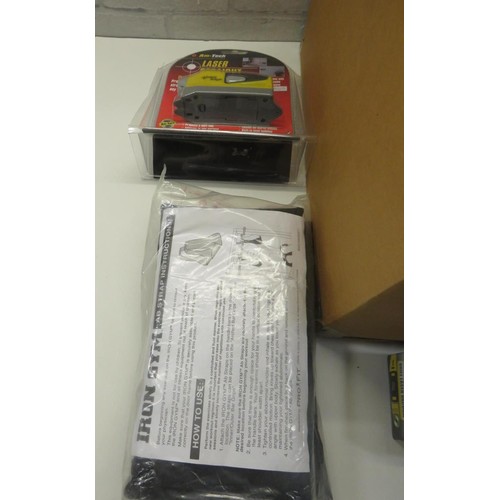 10 - BOX OF VARIOUS TOOLS, LASERS, AERIAL BOOSTER ETC