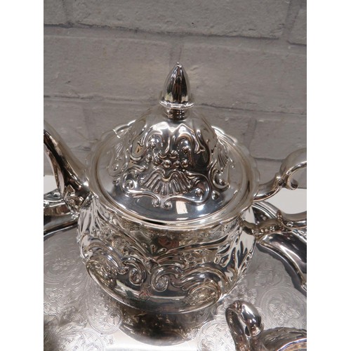 93 - SILVER CLAD PORCELAIN SUN FLOWER BRAND JAPANESE TEAPOT, SUGAR BOWL & MILK JUG WITH A SILVER PLATED S... 
