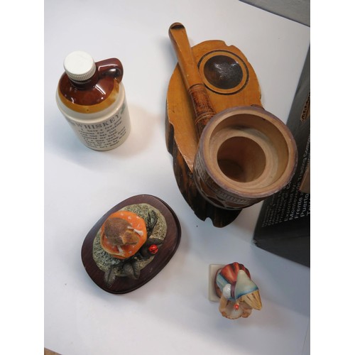 6 - BOX OF CERAMICS AND GLASSWARE INCLUDES HUMMEL FIGURE AND THIMBLES