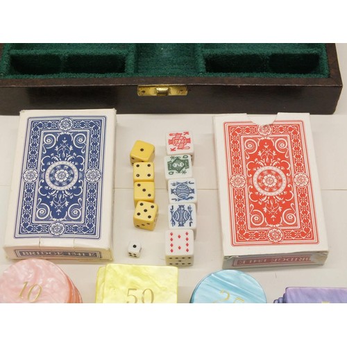 226 - VINTAGE BOXED GAMING SET WITH PLAYING CARDS, POKER CHIPS AND DICE COMPLETE