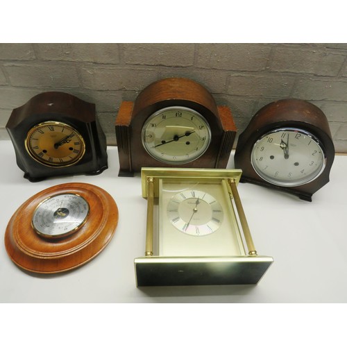 530 - 3 x MANTLE CLOCKS- ONE BAROMETER AND ONE OTHER