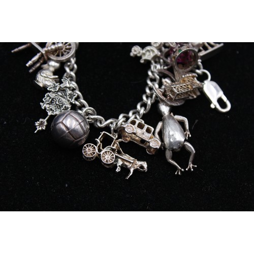 412 - Vintage .925 Sterling Silver CHARM BRACELET inc. Frog, Monument, Crown (66g)