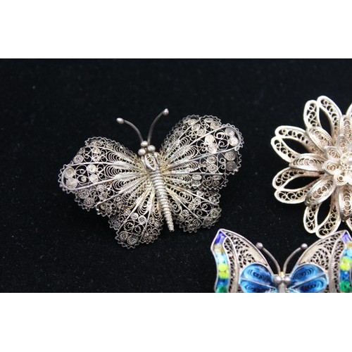 416 - 4 x Vintage 900 & 925 Sterling Silver Filigree BROOCHES inc Enamel, Flower (44g)