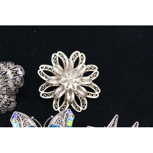 416 - 4 x Vintage 900 & 925 Sterling Silver Filigree BROOCHES inc Enamel, Flower (44g)