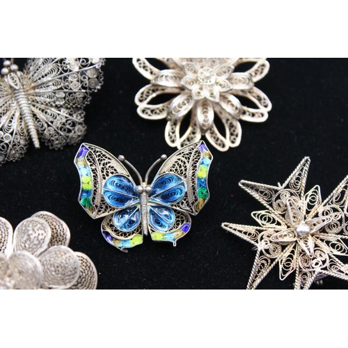 416 - 4 x Vintage 900 & 925 Sterling Silver Filigree BROOCHES inc Enamel, Flower (44g)