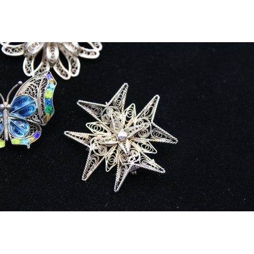 416 - 4 x Vintage 900 & 925 Sterling Silver Filigree BROOCHES inc Enamel, Flower (44g)