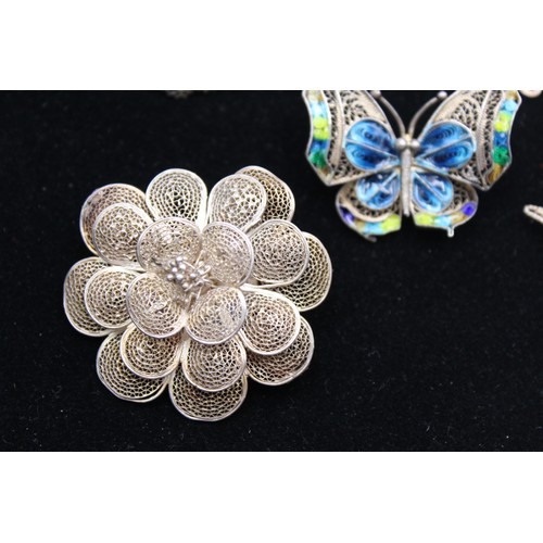 416 - 4 x Vintage 900 & 925 Sterling Silver Filigree BROOCHES inc Enamel, Flower (44g)