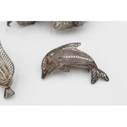 424 - 5 x Vintage .925 & .850 Silver Filigree BROOCHES inc. Flowers, Dolphin (40g)