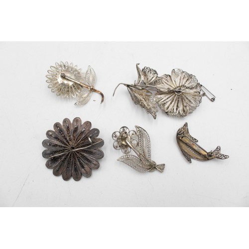 424 - 5 x Vintage .925 & .850 Silver Filigree BROOCHES inc. Flowers, Dolphin (40g)