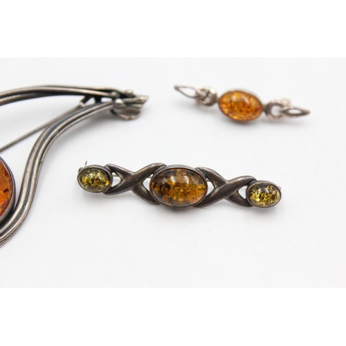 460 - 3 x Vintage .925 Sterling Silver AMBER BROOCHES inc. Baltic, Green (26g)