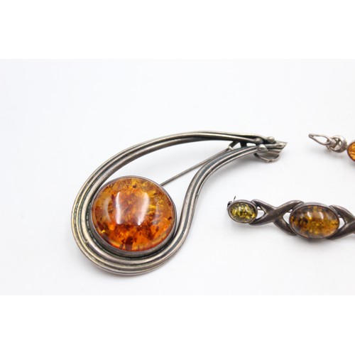 460 - 3 x Vintage .925 Sterling Silver AMBER BROOCHES inc. Baltic, Green (26g)