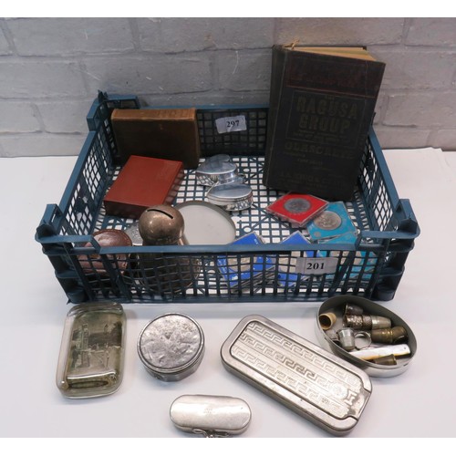 201 - TRAY OF VINTAGE COLLECTABLES INCLUDES COINS, THIMBLES, TRINKET BOXES etc