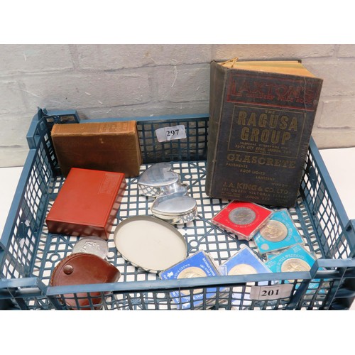 201 - TRAY OF VINTAGE COLLECTABLES INCLUDES COINS, THIMBLES, TRINKET BOXES etc