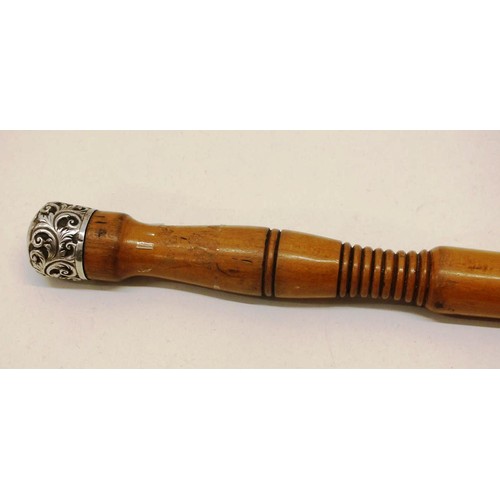 250 - ANTIQUE TURNED BOXWOOD & SILVER CUFFS MILITARY OFFICERS PARADE BATON/SWAGGER STICK, LENGTH 17 inches