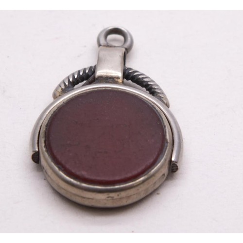 275 - ANTIQUE STERLING SILVER, BLOODSTONE ONYX ALBERT CHAIN SWIVEL FOB