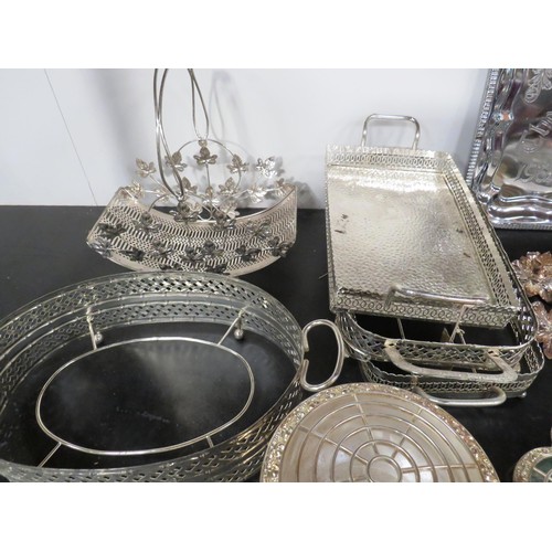 244 - JOB LOT OF SILVER PLATE TRAYS, CANDLESTICKS, SPOONS, TOAST RACK, COASTERS AND OTHERS