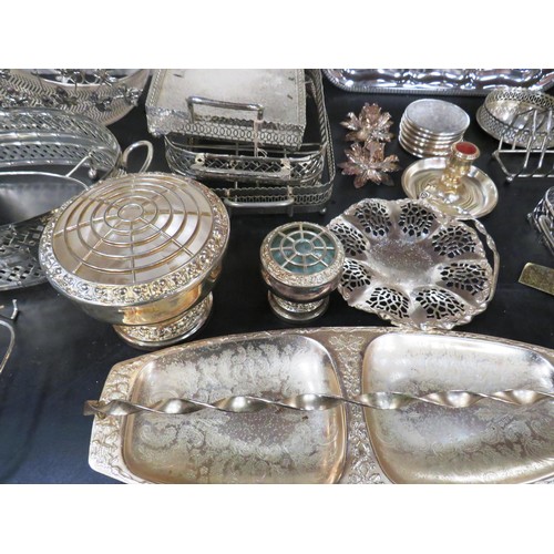 244 - JOB LOT OF SILVER PLATE TRAYS, CANDLESTICKS, SPOONS, TOAST RACK, COASTERS AND OTHERS