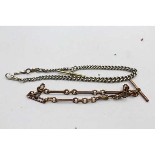 495 - 2 x Antique Gents WATCH CHAIN inc. Trombone Link, T Bar, Dogclip , Albo Silver