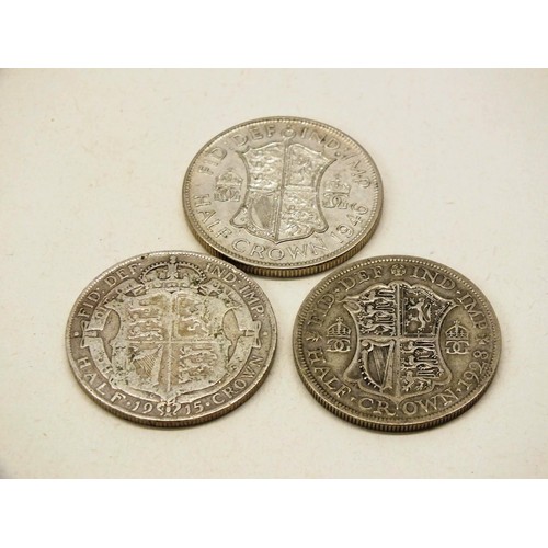 171 - THREE SILVER HALFCROWN COINS 1915, 1928 AND 1946