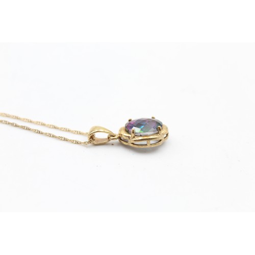 493 - 9ct gold mystic topaz drop pendant on chain (2.8g)