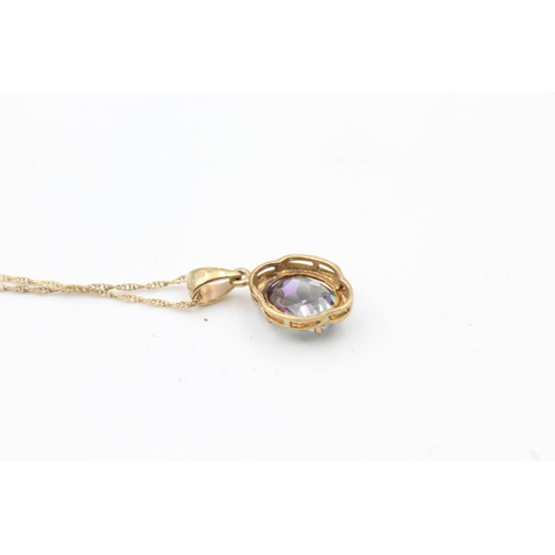 493 - 9ct gold mystic topaz drop pendant on chain (2.8g)