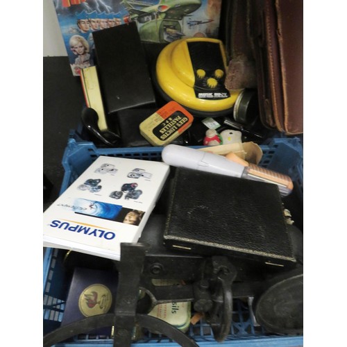 384 - SHELF LOT OF MISC INCLUDES CERAMICS, CAMERA'S, GAMES, ETC