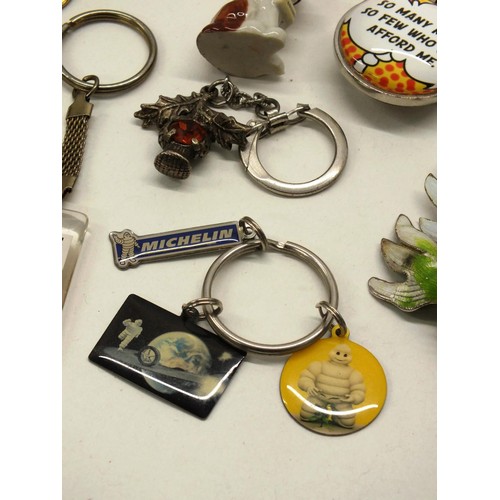 388 - COLLECTION OF KEYRINGS INCLUDES CLOISSONE FISH, COCA COLA, MILITARY FOB WATCH, TEACHERS WHISKY & MIC... 