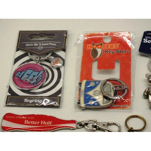 388 - COLLECTION OF KEYRINGS INCLUDES CLOISSONE FISH, COCA COLA, MILITARY FOB WATCH, TEACHERS WHISKY & MIC... 