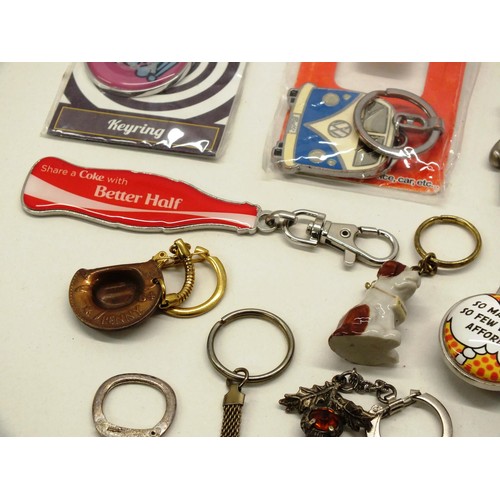 388 - COLLECTION OF KEYRINGS INCLUDES CLOISSONE FISH, COCA COLA, MILITARY FOB WATCH, TEACHERS WHISKY & MIC... 