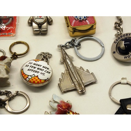 388 - COLLECTION OF KEYRINGS INCLUDES CLOISSONE FISH, COCA COLA, MILITARY FOB WATCH, TEACHERS WHISKY & MIC... 