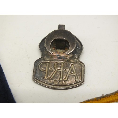 30 - SILVER ARP BADGE, WWII AIR RAIDS, ARP WHISTLE