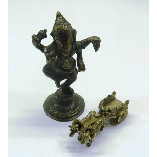 216 - VINTAGE BRASS LORD GANESHA DANCING STATUE H10cm & BRASS OX AND CART