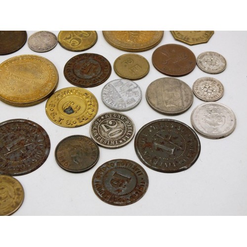 19 - COLLECTION OF OLD TOKENS, PIT CHECKS AND COINS INCLUDING SOME SILVER