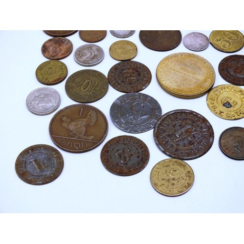 19 - COLLECTION OF OLD TOKENS, PIT CHECKS AND COINS INCLUDING SOME SILVER