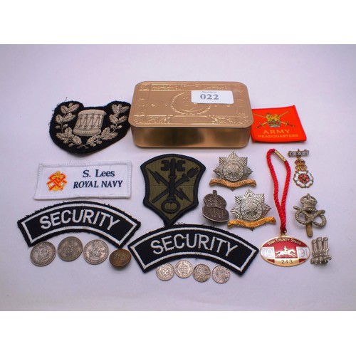 22 - SILVER A.R.P BADGE, SILVER COINS & REPLICA WWI MARY TIN