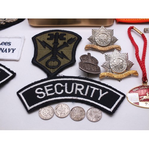 22 - SILVER A.R.P BADGE, SILVER COINS & REPLICA WWI MARY TIN