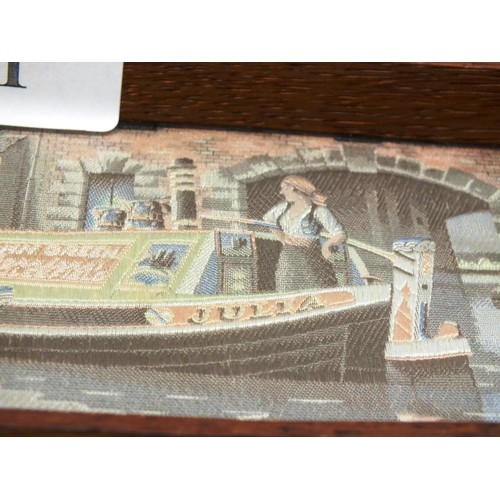 241 - ANTIQUE 1890's STEVENGRAPH HAND EMBROIDERED SILK PICTURE - CANAL BARGE BOAT SCENE IN OAK FRAME - 16c... 