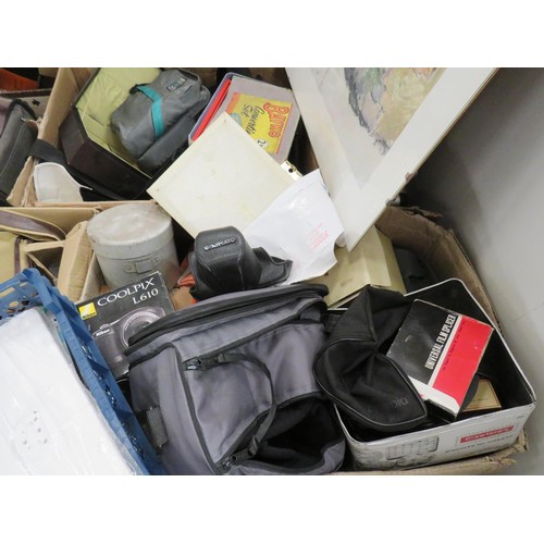 48 - 10 x BOXES OF MISCELLANEOUS INCLUDES CAMERAS AND ACCESSORIES, PICTURES, TOYS ETC