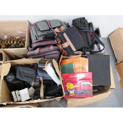 51 - 10 x BOXES OF MISCELLANEOUS ITEMS INCLUDING CAMERA ACCESSORIES, TROPHY'S ETC